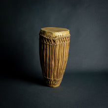 Load image into Gallery viewer, Traditional African hand drum with a tapered wooden body, intricate ropework, and a weathered hide head, evoking the spirit of African music.