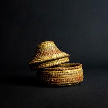 Load image into Gallery viewer, Handmade African raffia box adorned with colorful patterns and designs, perfect for storing small items or as a decorative accent piece.