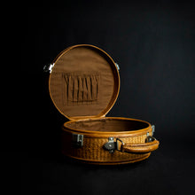 Load image into Gallery viewer, Vintage Round Suitcase Luggage Piece Travel Case made of leather, cloth, and woven rattan. Classic vintage style with a round shape, cloth lining, and sturdy handle. Ideal for travel essentials.
