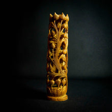 Load image into Gallery viewer, Hand-carved sandalwood statue of Hindu Goddess Lakshmi, adorned with lotus flowers.