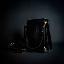 Load image into Gallery viewer, Vintage black crocodile-look handbag with gold buckle