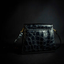 Load image into Gallery viewer, Vintage black crocodile-look handbag with gold buckle