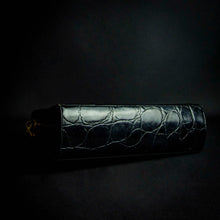 Load image into Gallery viewer, Vintage black crocodile-look handbag with gold buckle