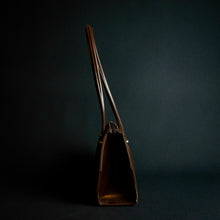 Load image into Gallery viewer, Brown handbag with large handles and silver-colored details