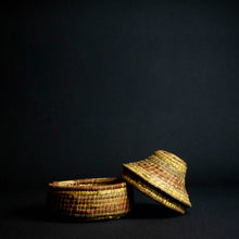 Load image into Gallery viewer, Handmade African raffia box adorned with colorful patterns and designs, perfect for storing small items or as a decorative accent piece.