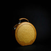 Load image into Gallery viewer, Vintage Round Suitcase Luggage Piece Travel Case made of leather, cloth, and woven rattan. Classic vintage style with a round shape, cloth lining, and sturdy handle. Ideal for travel essentials.