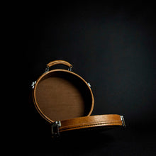 Load image into Gallery viewer, Vintage Round Suitcase Luggage Piece Travel Case made of leather, cloth, and woven rattan. Classic vintage style with a round shape, cloth lining, and sturdy handle. Ideal for travel essentials.