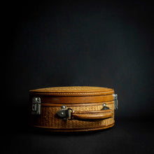 Load image into Gallery viewer, Vintage Round Suitcase Luggage Piece Travel Case made of leather, cloth, and woven rattan. Classic vintage style with a round shape, cloth lining, and sturdy handle. Ideal for travel essentials.