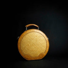 Load image into Gallery viewer, Vintage Round Suitcase Luggage Piece Travel Case made of leather, cloth, and woven rattan. Classic vintage style with a round shape, cloth lining, and sturdy handle. Ideal for travel essentials.