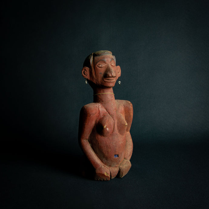 Yaka Africa Red Painted Half Body Figure – Cultural Art Sculpture with earrings and big nose.