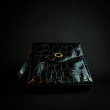 Load image into Gallery viewer, Vintage black crocodile-look handbag with gold buckle
