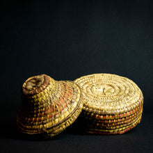 Load image into Gallery viewer, Handmade African raffia box adorned with colorful patterns and designs, perfect for storing small items or as a decorative accent piece.
